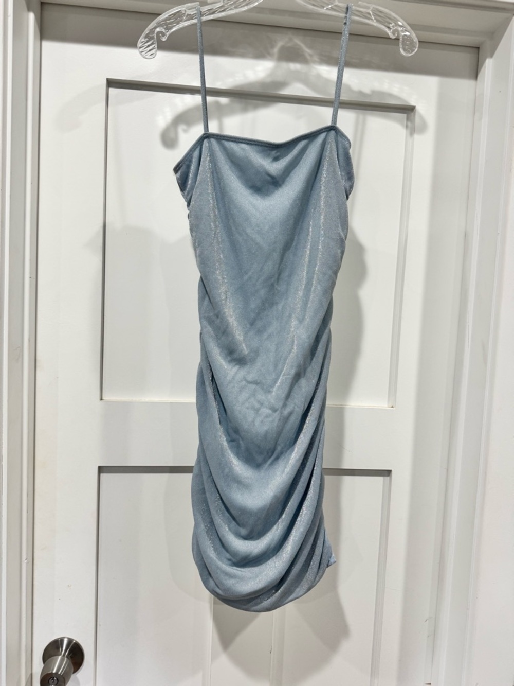 Windsor Shimmer Draped Mini Dress in Light Blue